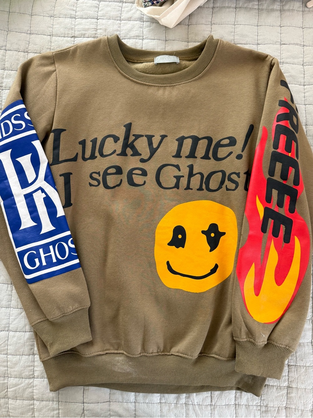 Unbranded Men’s Olive Graphic Crewneck Sweater with Smile and Flame Sleeve